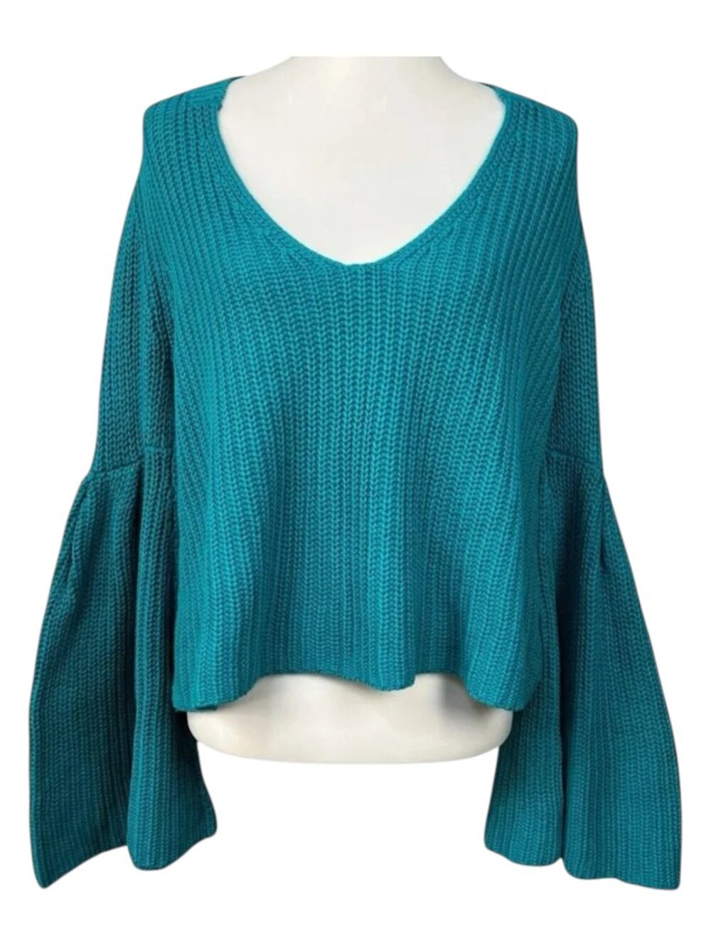 Free People Crochet Bell Sleeve Sweater Womens Small Teal Pullover